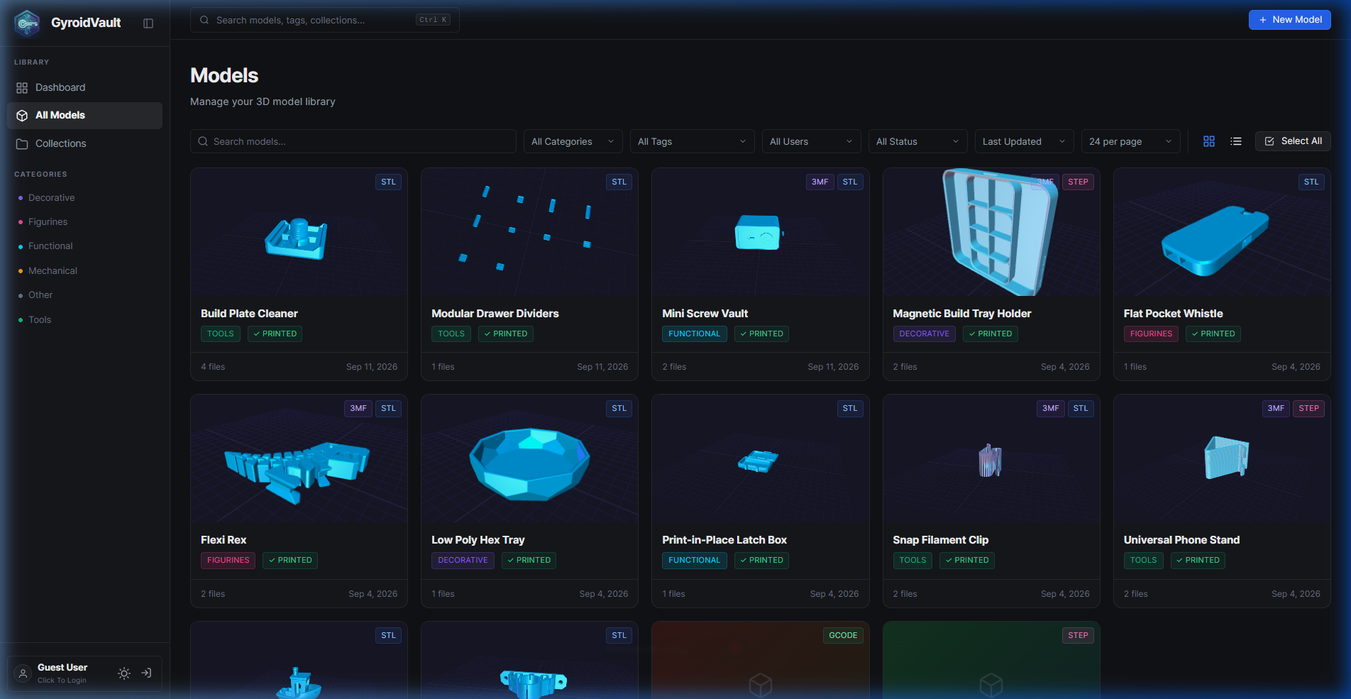 GyroidVault Model Library Grid with dynamic search, multi-format badges and dark workstation UI